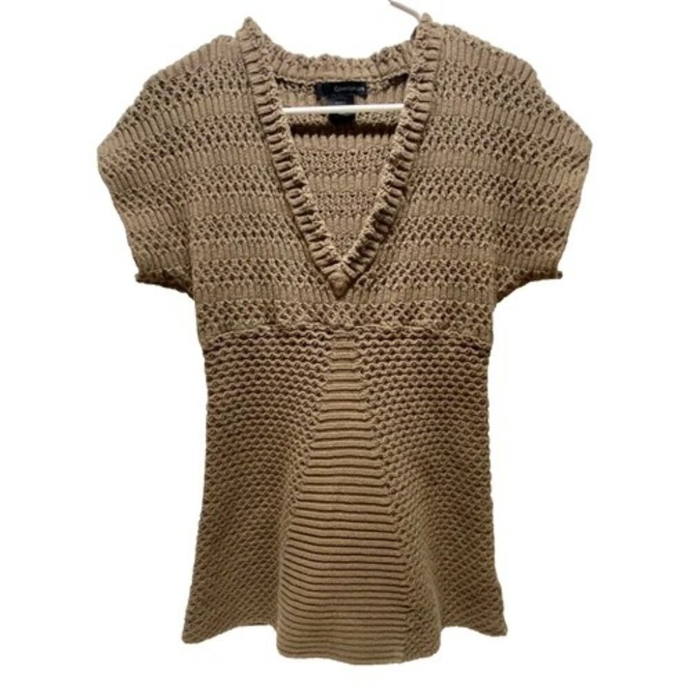 Calvin Klein Jeans Crochet Sweater Women's XL Brown Deep V-Neck Short Sleeve GUC